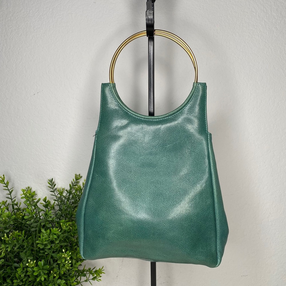 VTG‎ Susan Gail Teal Textured Leather Ring Handle Shoulder Bag & Matching Pouch